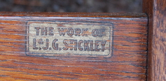 L & J G Stickley decal signature reading "The Work of L & J G Stickley". 1912-1918. All 8 chairs are signed. 
